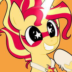 Size: 500x500 | Tagged: dead source, safe, artist:wubcakeva, sunset shimmer, pony, unicorn, equestria girls, g4, cute, daydream shimmer, female, grin, happy, mare, raised hoof, shimmerbetes, smiling, solo, starry eyes, wingding eyes