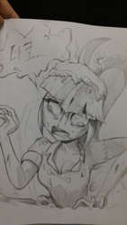 Size: 2340x4160 | Tagged: safe, artist:초보놀이, sonata dusk, zombie, equestria girls, black and white, breasts, cleavage, cross-eyed, drool, female, grayscale, monochrome, solo, sonataco, speech bubble, traditional art, translated in the description