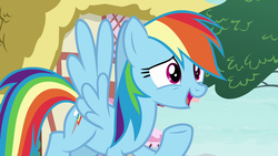Size: 1280x720 | Tagged: safe, screencap, rainbow dash, pegasus, pony, g4, the washouts (episode), female, flying, mare, open mouth, solo