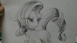 Size: 4160x2340 | Tagged: safe, artist:초보놀이, rarity, pony, g4, black and white, female, grayscale, looking back, monochrome, solo, traditional art