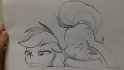 Size: 4160x2340 | Tagged: safe, artist:초보놀이, rainbow dash, pony, g4, black and white, face down ass up, female, grayscale, monochrome, solo, traditional art