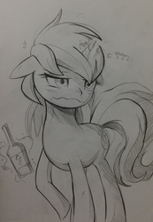 Size: 2210x3198 | Tagged: safe, artist:초보놀이, lyra heartstrings, pony, black and white, drunk, female, grayscale, monochrome, solo, traditional art