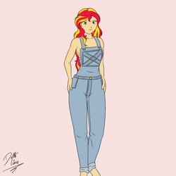 Size: 1000x1000 | Tagged: safe, artist:deltalima, sunset shimmer, human, g4, breasts, female, humanized, naked overalls, overalls, sideboob, signature, simple background, solo, white background