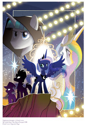 Size: 2165x3159 | Tagged: safe, artist:tony fleecs, idw, princess celestia, princess luna, stygian, tempest shadow, trixie, alicorn, pony, unicorn, g4, my little pony: nightmare knights, spoiler:comic, art is magic, female, high res, male, mare, stallion