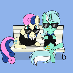 Size: 2000x2000 | Tagged: safe, artist:sazanamibd, bon bon, lyra heartstrings, sweetie drops, earth pony, pony, unicorn, g4, bench, blue background, clothes, duo, high res, mare in black, mares in black, men in black, secret agent sweetie drops, simple background, sitting, special agent, suit, sunglasses