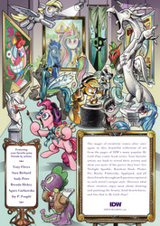 Size: 2550x3600 | Tagged: safe, artist:andypriceart, idw, applejack, derpy hooves, discord, dj pon-3, lyra heartstrings, nightmare moon, octavia melody, pinkie pie, princess celestia, princess luna, queen chrysalis, spike, vinyl scratch, zecora, alicorn, changeling, changeling queen, dragon, earth pony, pony, unicorn, zebra, g4, american gothic, art, art is magic, art museum, beret, bowtie, bust, clothes, ear piercing, earring, easel, female, golden apple, hat, high res, indiana jones, jack nicholson, jacket, jewelry, leg rings, magic, male, mare, mask, museum, neck rings, open mouth, paintbrush, painting, piercing, raiders of the lost ark, royal sisters, statue, statue discord, telekinesis, the joker, vandalism