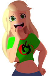 Size: 1242x1920 | Tagged: safe, artist:7los7, applejack, equestria girls, g4, belly button, blonde, clothes, female, hatless, looking at you, midriff, missing accessory, shocked, short shirt, simple background, solo, transparent background