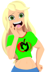 Size: 1242x1920 | Tagged: dead source, safe, artist:7los7, applejack, equestria girls, g4, belly button, blonde, clothes, female, hatless, looking at you, midriff, missing accessory, shocked, short shirt, simple background, solo, transparent background