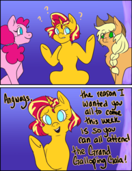 Size: 1280x1656 | Tagged: safe, artist:nichroniclesvsart, applejack, pinkie pie, sunset shimmer, pony, series:princess sciset, g4, 2 panel comic, alternate hairstyle, comic, equestria girls ponified, human pony applejack, human pony pinkie pie, ponified