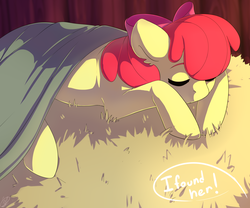 Size: 3000x2500 | Tagged: safe, artist:renka2802, artist:tigra0118, apple bloom, pony, g4, blanket, bow, cute, dialogue, female, filly, hair bow, hay, high res, offscreen character, sleeping, solo