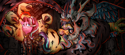 Size: 1500x666 | Tagged: safe, artist:brother-lionheart, discord, starlight glimmer, draconequus, pony, unicorn, g4, armor, black sclera, body horror, clothes, darkest dungeon, eldritch abomination, female, glowing horn, horn, magic, male, mare, red eyes, saddle bag, tentacles