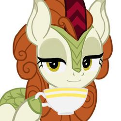 Size: 480x480 | Tagged: artist needed, safe, edit, autumn blaze, kirin, g4, sounds of silence, cup, female, hoof hold, lidded eyes, needs more jpeg, simple background, smiling, smug, solo, teacup, white background
