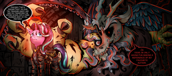 Size: 1500x666 | Tagged: safe, alternate version, artist:brother-lionheart, discord, starlight glimmer, draconequus, pony, unicorn, g4, armor, black sclera, body horror, clothes, darkest dungeon, eldritch abomination, female, glowing horn, h.p. lovecraft, horn, lovecraft, magic, male, mare, red eyes, saddle bag, speech bubble, tentacles