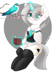 Size: 1300x1700 | Tagged: safe, artist:ark nw, oc, oc only, oc:elisabeth helaku, bird, pony, unicorn, clothes, cute, cutie mark, drawing, ear piercing, female, glowing horn, green eyes, hairpin, horn, looking up, magic, mare, piercing, smiling, solo, stockings, telekinesis, thigh highs, uniform