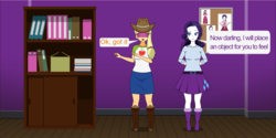 Size: 1618x812 | Tagged: safe, artist:lewdman03, artist:sjrslev, applejack, rarity, human, comic:binded by games, g4, blindfold, female, humanized, kisekae, lesbian, ship:rarijack, shipping