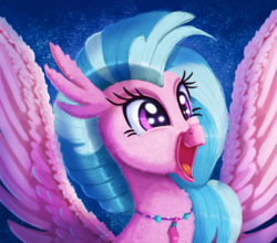 Size: 2000x1759 | Tagged: safe, artist:discorded, silverstream, classical hippogriff, hippogriff, g4, bust, cheek fluff, chest fluff, cute, diastreamies, female, fluffy, happy, jewelry, neck fluff, necklace, open mouth, smiling, solo, sparkles, spread wings, wing fluff, wings