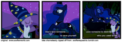 Size: 1200x420 | Tagged: safe, edit, edited screencap, screencap, princess luna, twilight sparkle, alicorn, pony, g4, luna eclipsed, a softer world, clothes, comic, cosplay, costume, cropped, duo, ethereal mane, eyes closed, fake beard, female, hat, lying on a cloud, mare, nightmare night costume, screencap comic, star swirl the bearded costume, starry mane, text, twilight the bearded, wizard hat