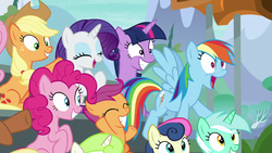 Size: 1280x720 | Tagged: safe, screencap, applejack, bon bon, lyra heartstrings, pinkie pie, rainbow dash, rarity, scootaloo, sweetie drops, twilight sparkle, alicorn, earth pony, pegasus, pony, unicorn, g4, the washouts (episode), cheering, fangirling, female, grin, irrational exuberance, mare, open mouth, rainbow dash is best facemaker, smiling, twilight sparkle (alicorn)