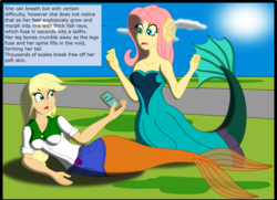 Size: 3080x2224 | Tagged: safe, artist:physicrodrigo, edit, editor:rmzero, part of a set, applejack, fluttershy, mermaid, series:equestria mermaids, equestria girls, g4, cellphone, clothes, cloud, coast, curse, cursed, day, dialogue, dress, high res, mermaidized, ocean, part of a series, phone, smartphone, species swap, text