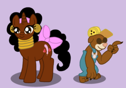 Size: 1359x949 | Tagged: safe, artist:pandalove93, diamond dog, pony, unicorn, african, alfred j. kwak, bow, brown eyes, crossover, curly hair, curly mane, curly tail, diamond dogified, ear piercing, earring, hair bow, hairband, henk, jewelry, neck rings, piercing, pink bow, ponified, species swap, sunglasses, tail, tail bow, winnie wana