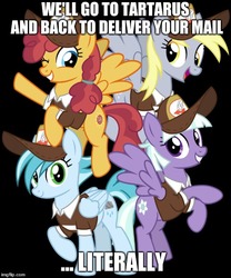 Size: 500x600 | Tagged: safe, artist:cheezedoodle96, edit, appointed rounds, derpy hooves, rainy day, sunny delivery, pegasus, pony, g4, school raze, the break up breakdown, black background, clothes, female, group, hat, image macro, mailmare, mailmare hat, mare, meme, quartet, simple background, uniform