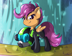 Size: 6251x4881 | Tagged: safe, artist:rainihorn, scootaloo, pegasus, pony, g4, the washouts (episode), absurd resolution, clothes, female, filly, helmet, looking at you, pint-sized dynamite, scene interpretation, smug, solo, uniform, washouts uniform