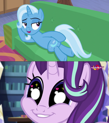 Size: 1280x1440 | Tagged: safe, starlight glimmer, trixie, pony, unicorn, equestria girls, equestria girls specials, g4, my little pony equestria girls: mirror magic, road to friendship, couch, crossing the memes, draw me like one of your french girls, female, glimmie, heart eyes, lesbian, looking back, mare, meme, prone, ship:startrix, shipping, sultry pose, wingding eyes