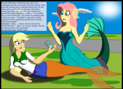 Size: 3080x2224 | Tagged: safe, artist:physicrodrigo, edit, editor:rmzero, part of a set, applejack, fluttershy, mermaid, series:equestria mermaids, equestria girls, g4, cellphone, clothes, cloud, coast, curse, cursed, day, dialogue, dress, high res, implied pinkie pie, implied sunset shimmer, mermaidized, ocean, part of a series, phone, smartphone, species swap, text
