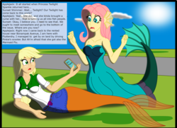 Size: 3080x2224 | Tagged: safe, artist:physicrodrigo, edit, editor:rmzero, part of a set, applejack, fluttershy, mermaid, series:equestria mermaids, equestria girls, g4, cellphone, clothes, cloud, coast, curse, cursed, day, dialogue, dress, funetik aksent, high res, implied pinkie pie, implied sunset shimmer, implied twilight sparkle, mermaidized, ocean, part of a series, phone, smartphone, species swap, text