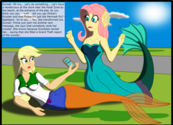 Size: 3080x2224 | Tagged: safe, artist:physicrodrigo, edit, editor:rmzero, part of a set, applejack, fluttershy, mermaid, series:equestria mermaids, equestria girls, g4, cellphone, clothes, cloud, coast, curse, cursed, day, dialogue, dress, high res, implied pinkie pie, implied scootaloo, implied sunset shimmer, mermaidized, ocean, part of a series, phone, smartphone, species swap, text