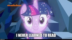 Size: 888x499 | Tagged: safe, edit, edited screencap, screencap, twilight sparkle, pony, g4, the maud couple, what lies beneath, dialogue, female, i never learned to read, image macro, mare, meme, nickelodeon, smiling, sparkles, treelight sparkle