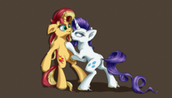 Size: 4200x2400 | Tagged: safe, artist:coldtrail, rarity, sunset shimmer, pony, unicorn, g4, cheek fluff, chest fluff, female, lesbian, looking at each other, mare, shipping, sunsarity, unshorn fetlocks