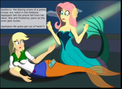 Size: 3056x2230 | Tagged: safe, artist:physicrodrigo, edit, editor:rmzero, part of a set, applejack, fluttershy, mermaid, series:equestria mermaids, equestria girls, g4, cellphone, clothes, cloud, coast, curse, cursed, day, dialogue, dress, high res, implied police officer, mermaidized, ocean, part of a series, phone, smartphone, species swap, text