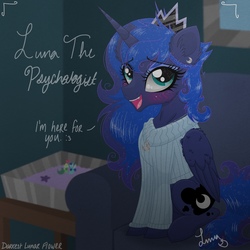 Size: 2250x2250 | Tagged: safe, artist:darkest-lunar-flower, princess luna, alicorn, pony, g4, clothes, cute, dialogue, female, high res, mare, psychologist, signature, solo, sweater