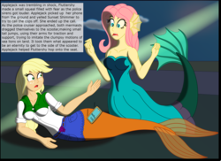 Size: 3056x2230 | Tagged: safe, artist:physicrodrigo, edit, editor:rmzero, part of a set, applejack, fluttershy, mermaid, series:equestria mermaids, equestria girls, g4, cellphone, clothes, cloud, coast, curse, cursed, day, dialogue, dress, high res, implied police officer, implied sunset shimmer, mermaidized, ocean, part of a series, phone, smartphone, species swap, text