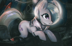 Size: 1555x1001 | Tagged: safe, artist:mirroredsea, marble pie, earth pony, pony, g4, astronaut, curious, cute, female, frown, hair over one eye, helmet, leaning, looking at something, marblebetes, mare, solo, space helmet, spaceship, spacesuit