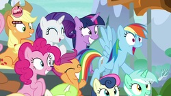 Size: 1920x1080 | Tagged: safe, screencap, applejack, bon bon, fluttershy, lyra heartstrings, meadow song, minty green, pinkie pie, rainbow dash, rarity, scootaloo, sweetie drops, twilight sparkle, alicorn, pony, g4, the washouts (episode), excited, female, filly, happy, mane six, mare, smiling, twilight sparkle (alicorn)