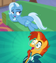 Size: 1280x1440 | Tagged: safe, edit, edited screencap, screencap, sunburst, trixie, pony, unicorn, g4, road to friendship, the parent map, couch, draw me like one of your french girls, female, looking back, male, mare, prone, ship:trixburst, shipping, stallion, straight