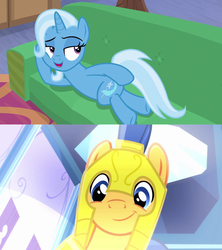 Size: 1280x1440 | Tagged: safe, flash sentry, trixie, pegasus, pony, unicorn, equestria girls, g4, my little pony equestria girls, road to friendship, couch, draw me like one of your french girls, female, looking back, male, mare, prone, sentrixie, shipping, stallion, straight, sultry pose
