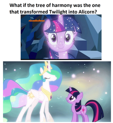 Size: 1340x1460 | Tagged: safe, edit, edited screencap, screencap, princess celestia, tree of harmony, twilight sparkle, alicorn, pony, unicorn, g4, magical mystery cure, season 3, season 8, what lies beneath, ascension realm, celestial plane, ethereal mane, female, mare, nickelodeon, op might be on to something, princess celestia's special princess making dimension, sparkles, theory, treelight sparkle, unicorn twilight, what if