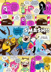 Size: 800x1133 | Tagged: safe, artist:imbriaart, pinkie pie, rainbow dash, earth pony, pegasus, pony, comic:magic princess war, g4, adventure time, comic, crossover, finn the human, jake the dog, male, marceline, princess bubblegum, star butterfly, star vs the forces of evil