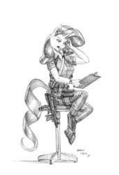 Size: 950x1389 | Tagged: safe, artist:baron engel, rarity, unicorn, anthro, unguligrade anthro, g4, belt, boots, boots on hooves, clipboard, clothes, earpiece, fatigues, female, grayscale, gun, headset, monochrome, open mouth, pants, pencil drawing, pp-2000, rolled up sleeves, shoes, simple background, sitting, sketch, solo, stool, submachinegun, traditional art, watch, weapon, white background