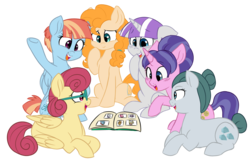 Size: 3344x2156 | Tagged: safe, artist:chub-wub, applejack, cloudy quartz, cookie crumbles, fluttershy, pear butter, pinkie pie, posey shy, rainbow dash, rarity, twilight sparkle, twilight velvet, windy whistles, earth pony, pegasus, pony, unicorn, g4, book, female, floppy ears, high res, mane six, mare, mom six, photo album, prone, simple background, smiling, transparent background