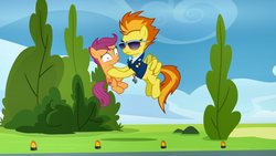 Size: 1920x1080 | Tagged: safe, screencap, scootaloo, spitfire, pegasus, pony, g4, the washouts (episode), clothes, duo, female, filly, flying, foal, mare, shaking, shrunken pupils, spitfire's tie, uniform, wonderbolts dress uniform