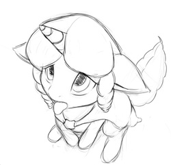 Size: 588x567 | Tagged: artist needed, safe, oc, oc only, oc:marker pony, pony, unicorn, /mlp/, 4chan, behaving like a dog, cape, clothes, female, floppy ears, looking up, mare, mlpg, monochrome, sitting, solo, tongue out
