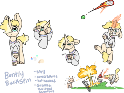 Size: 1174x878 | Tagged: safe, artist:nootaz, oc, oc only, oc:bently backspin, pony, unicorn, angry, clothes, cloven hooves, explosion, freckles, reference sheet, simple background, sweater, transparent background