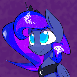 Size: 2400x2400 | Tagged: safe, artist:creepypastapon3, princess luna, alicorn, pony, g4, blushing, bust, colored pupils, cute, female, high res, mare, portrait, smiling, solo