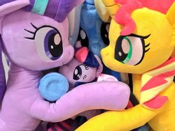 Size: 1024x768 | Tagged: safe, artist:nekokevin, starlight glimmer, sunset shimmer, trixie, twilight sparkle, alicorn, pony, unicorn, series:nekokevin's glimmy, g4, 4de, clothes, female, group hug, hug, irl, looking at each other, magical quartet, mare, photo, plushie, raised hoof, size difference, smiling, socks, starlight's little twibird, striped socks, twilight sparkle (alicorn), underhoof