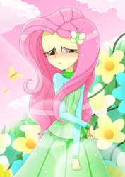 Size: 1388x1964 | Tagged: safe, artist:liu ting, fluttershy, equestria girls, g4, blushing, clothes, dress, female, flower, looking at you, solo