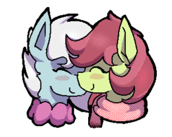 Size: 316x252 | Tagged: safe, artist:rellopone, oc, oc only, oc:bubble dream, oc:prancy drew, earth pony, pegasus, pony, blue coat, blush sticker, blushing, bust, clothes, couple, eyes closed, female, green coat, icon, mare, messy mane, nuzzling, red mane, scarf, simple background, simple shading, smiling, sweater, transparent background, white mane